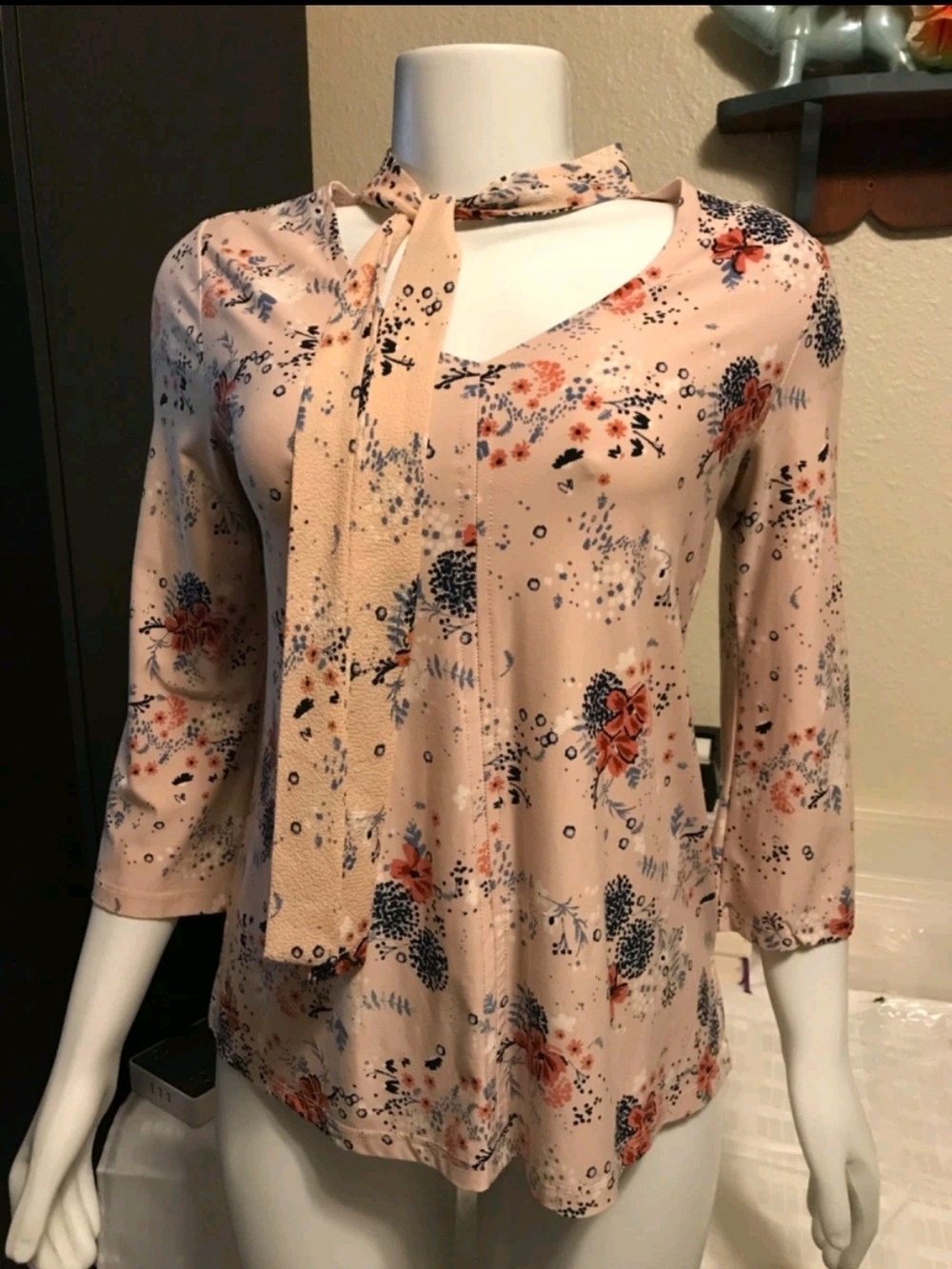 Style & Co. Pink Floral Tie-Neck Blouse